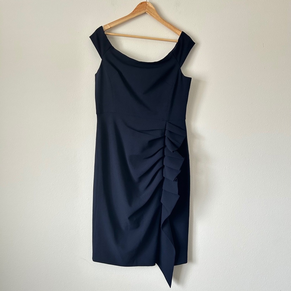 Eliza J Navy Blue Portrait Neck Ruffle Dress Womens 14 Off Shoulder Formal